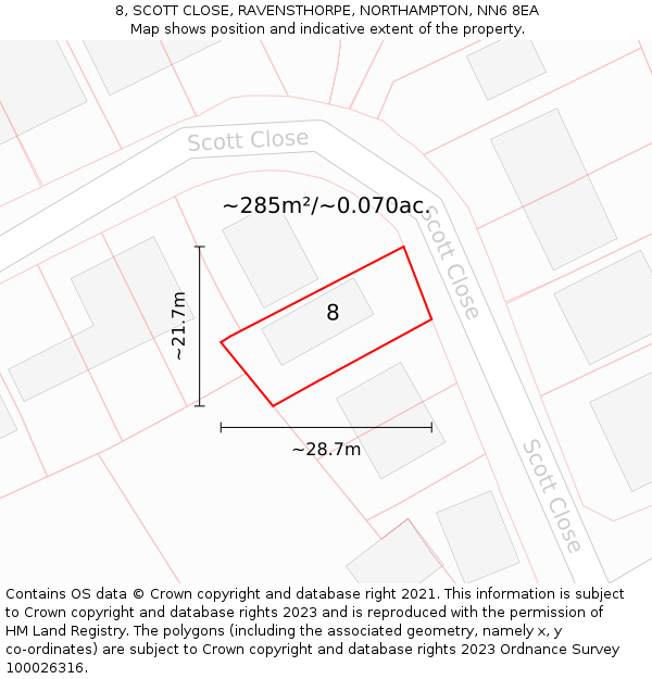 8, SCOTT CLOSE, RAVENSTHORPE, NORTHAMPTON, NN6 8EA: Plot and title map