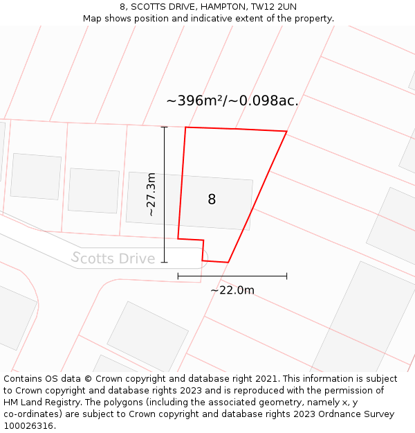 8, SCOTTS DRIVE, HAMPTON, TW12 2UN: Plot and title map