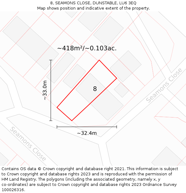 8, SEAMONS CLOSE, DUNSTABLE, LU6 3EQ: Plot and title map