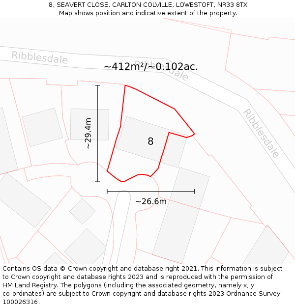 8, SEAVERT CLOSE, CARLTON COLVILLE, LOWESTOFT, NR33 8TX: Plot and title map
