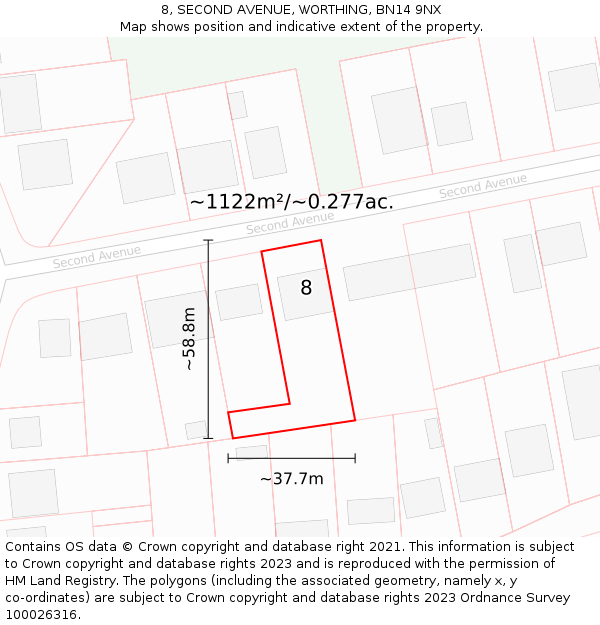 8, SECOND AVENUE, WORTHING, BN14 9NX: Plot and title map