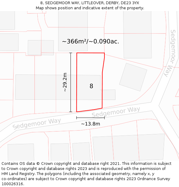 8, SEDGEMOOR WAY, LITTLEOVER, DERBY, DE23 3YX: Plot and title map
