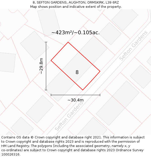 8, SEFTON GARDENS, AUGHTON, ORMSKIRK, L39 6RZ: Plot and title map
