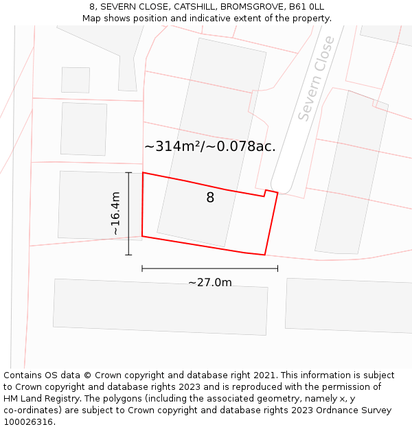 8, SEVERN CLOSE, CATSHILL, BROMSGROVE, B61 0LL: Plot and title map