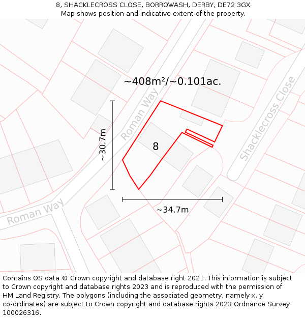 8, SHACKLECROSS CLOSE, BORROWASH, DERBY, DE72 3GX: Plot and title map