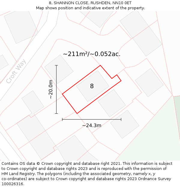 8, SHANNON CLOSE, RUSHDEN, NN10 0ET: Plot and title map