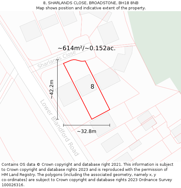 8, SHARLANDS CLOSE, BROADSTONE, BH18 8NB: Plot and title map