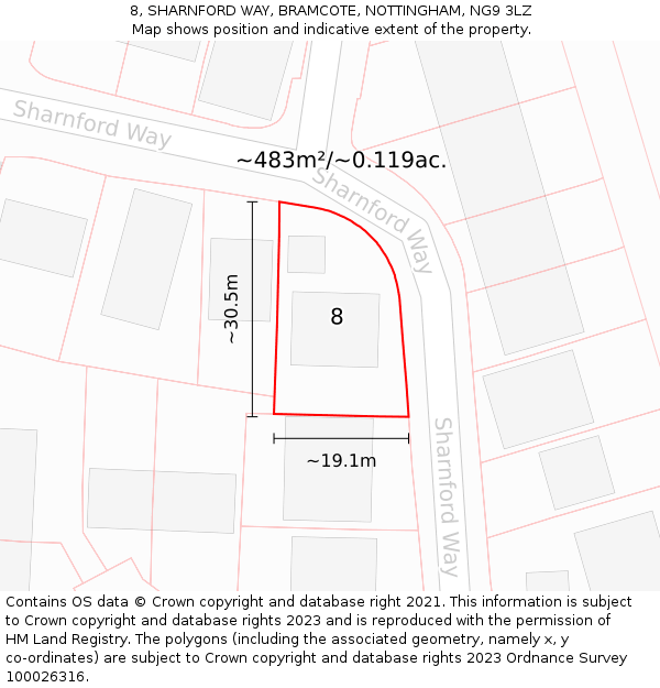 8, SHARNFORD WAY, BRAMCOTE, NOTTINGHAM, NG9 3LZ: Plot and title map