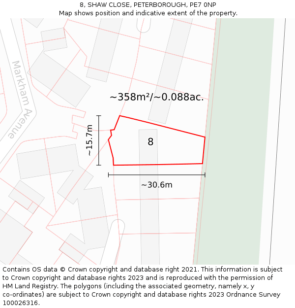 8, SHAW CLOSE, PETERBOROUGH, PE7 0NP: Plot and title map