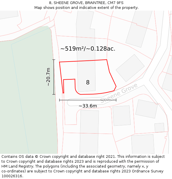 8, SHEENE GROVE, BRAINTREE, CM7 9FS: Plot and title map