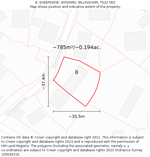 8, SHEEPDENE, WYNYARD, BILLINGHAM, TS22 5RZ: Plot and title map