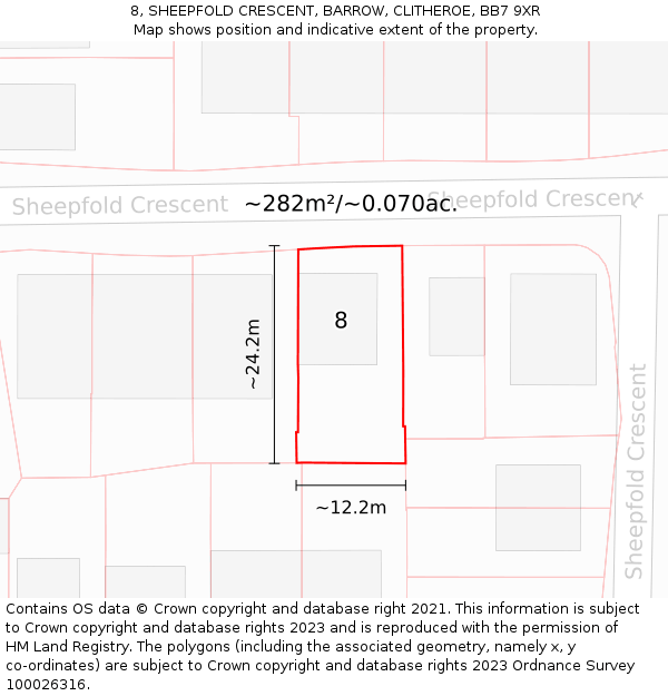 8, SHEEPFOLD CRESCENT, BARROW, CLITHEROE, BB7 9XR: Plot and title map