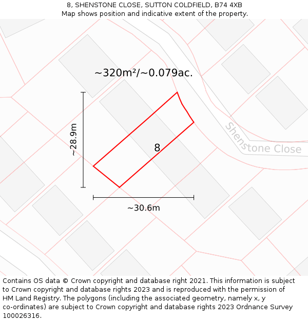8, SHENSTONE CLOSE, SUTTON COLDFIELD, B74 4XB: Plot and title map