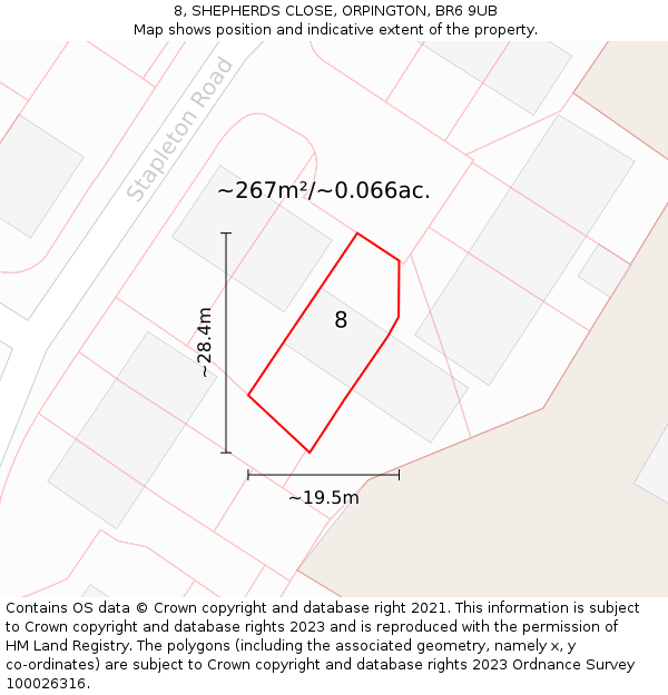 8, SHEPHERDS CLOSE, ORPINGTON, BR6 9UB: Plot and title map