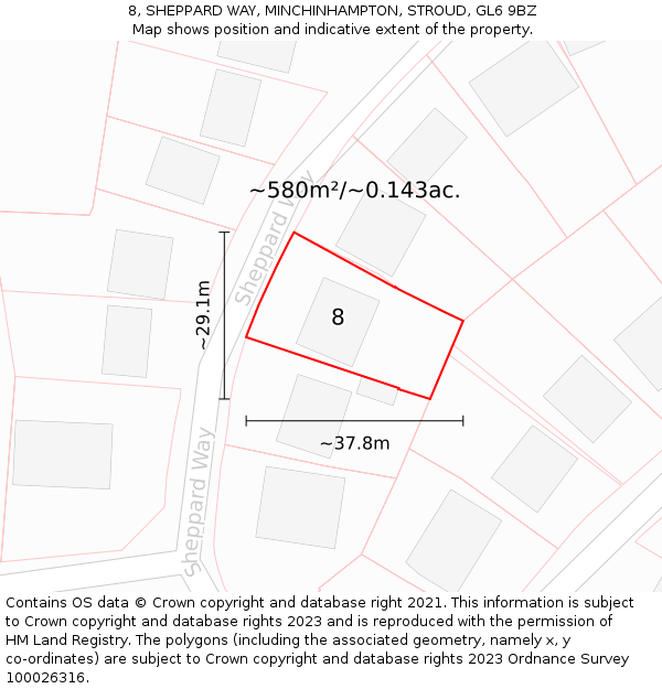 8, SHEPPARD WAY, MINCHINHAMPTON, STROUD, GL6 9BZ: Plot and title map