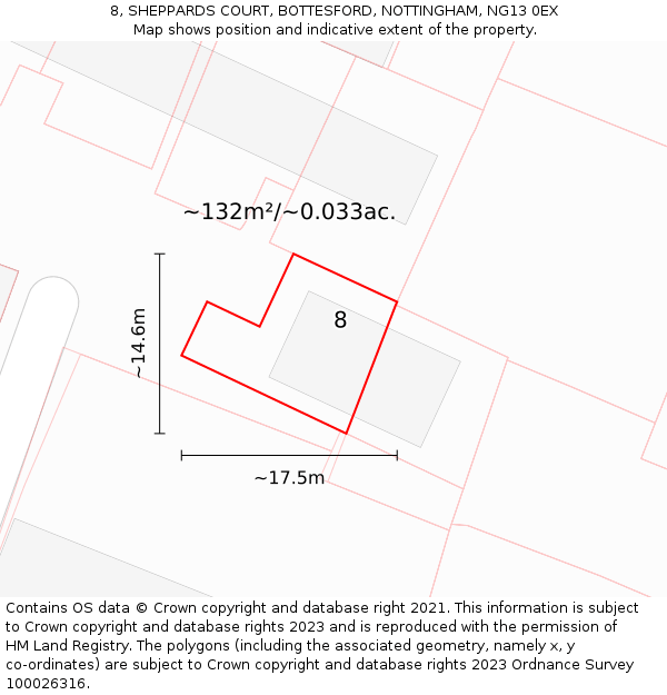 8, SHEPPARDS COURT, BOTTESFORD, NOTTINGHAM, NG13 0EX: Plot and title map