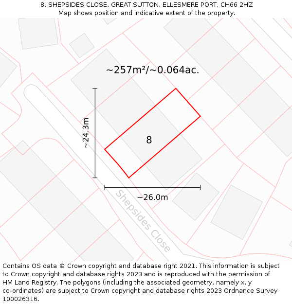 8, SHEPSIDES CLOSE, GREAT SUTTON, ELLESMERE PORT, CH66 2HZ: Plot and title map