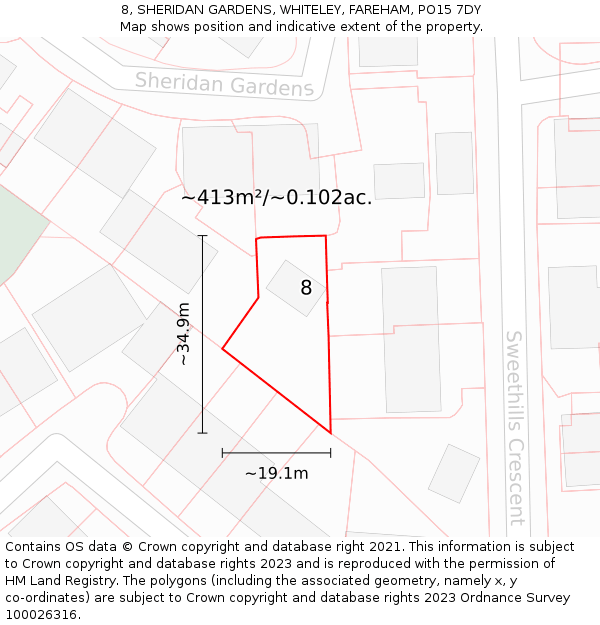 8, SHERIDAN GARDENS, WHITELEY, FAREHAM, PO15 7DY: Plot and title map