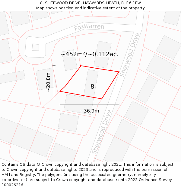 8, SHERWOOD DRIVE, HAYWARDS HEATH, RH16 1EW: Plot and title map