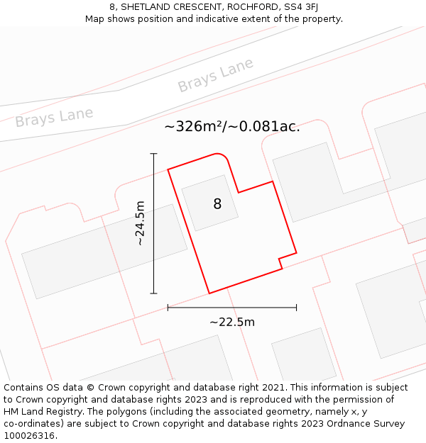 8, SHETLAND CRESCENT, ROCHFORD, SS4 3FJ: Plot and title map