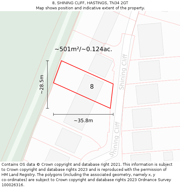 8, SHINING CLIFF, HASTINGS, TN34 2GT: Plot and title map