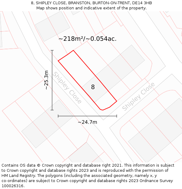8, SHIPLEY CLOSE, BRANSTON, BURTON-ON-TRENT, DE14 3HB: Plot and title map