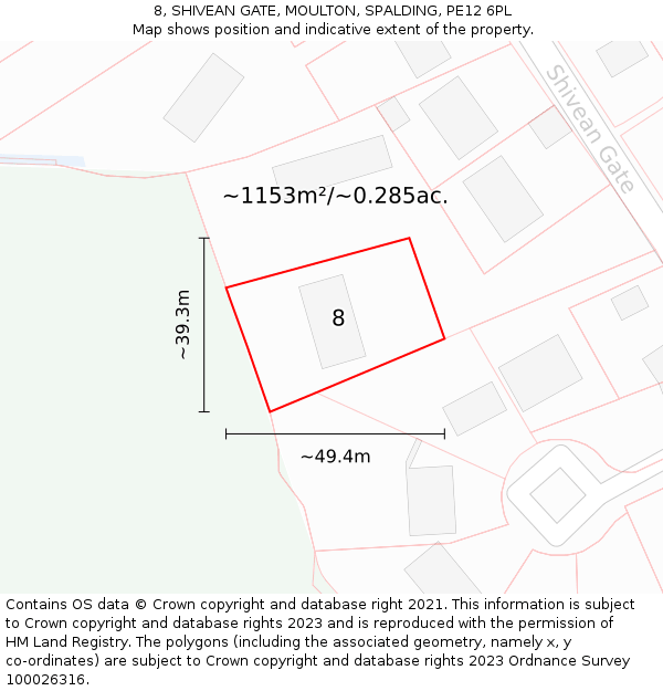 8, SHIVEAN GATE, MOULTON, SPALDING, PE12 6PL: Plot and title map