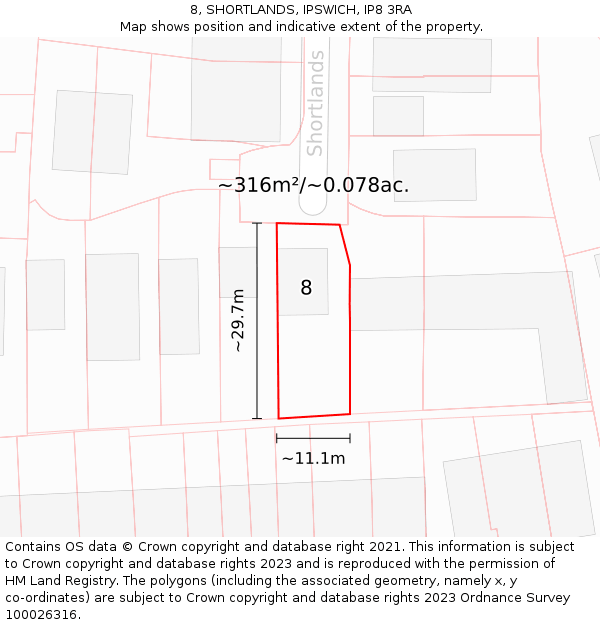 8, SHORTLANDS, IPSWICH, IP8 3RA: Plot and title map