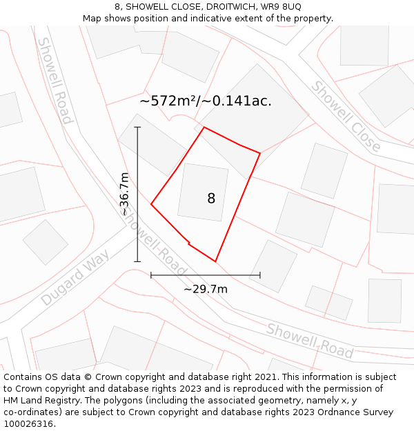8, SHOWELL CLOSE, DROITWICH, WR9 8UQ: Plot and title map