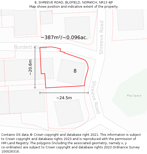 8, SHREEVE ROAD, BLOFIELD, NORWICH, NR13 4JP: Plot and title map