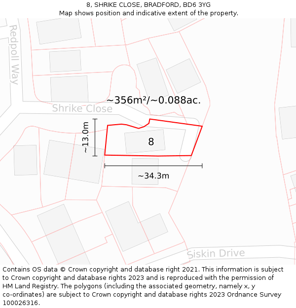 8, SHRIKE CLOSE, BRADFORD, BD6 3YG: Plot and title map
