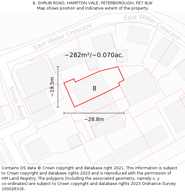 8, SHRUB ROAD, HAMPTON VALE, PETERBOROUGH, PE7 8LW: Plot and title map