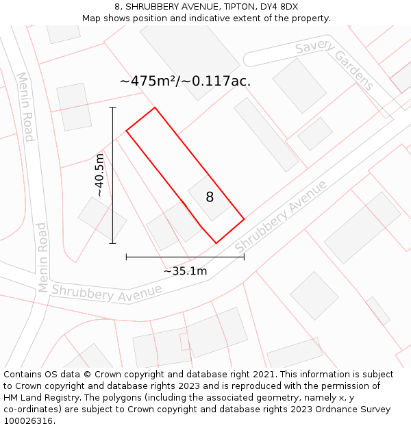 8, SHRUBBERY AVENUE, TIPTON, DY4 8DX: Plot and title map