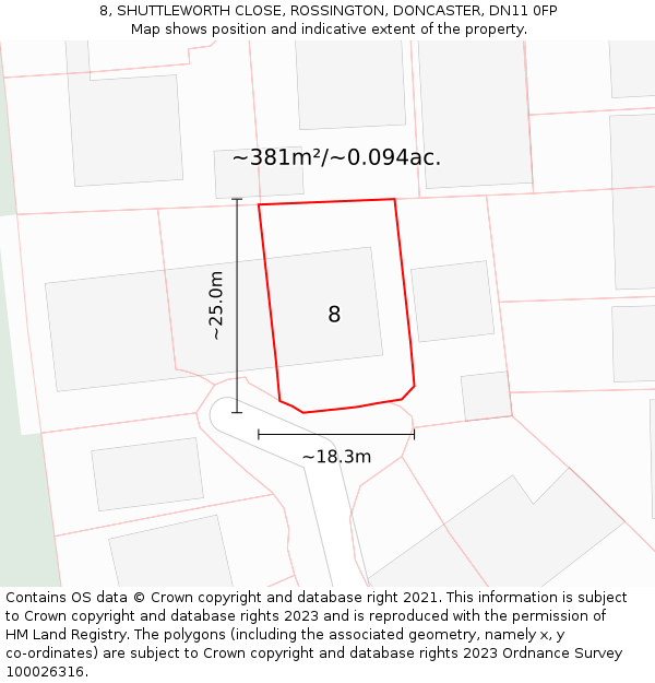 8, SHUTTLEWORTH CLOSE, ROSSINGTON, DONCASTER, DN11 0FP: Plot and title map