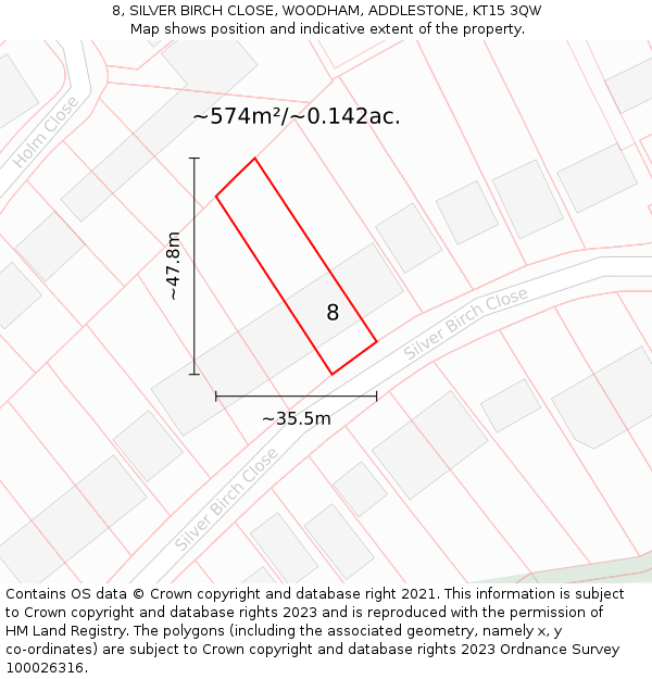 8, SILVER BIRCH CLOSE, WOODHAM, ADDLESTONE, KT15 3QW: Plot and title map