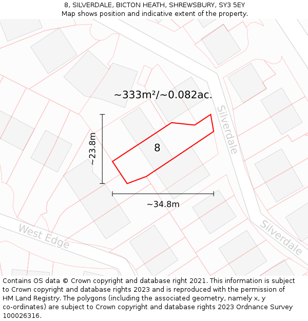 8, SILVERDALE, BICTON HEATH, SHREWSBURY, SY3 5EY: Plot and title map