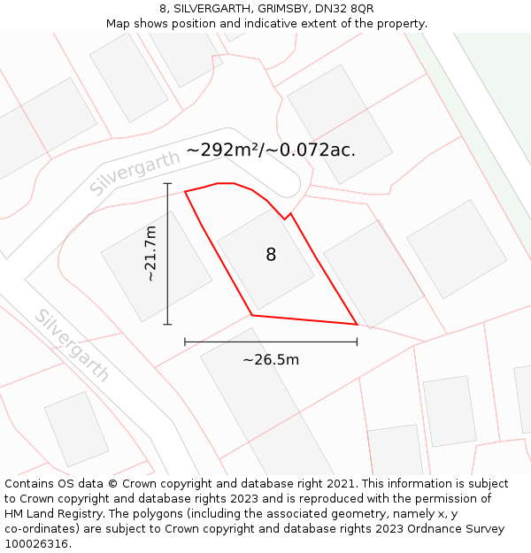 8, SILVERGARTH, GRIMSBY, DN32 8QR: Plot and title map