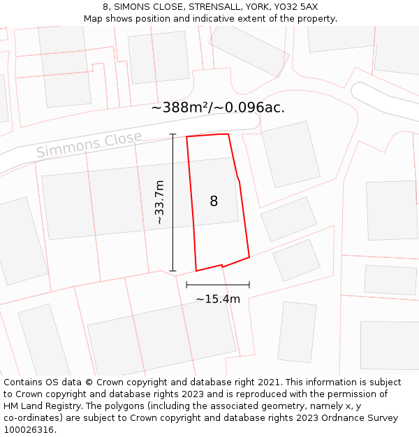 8, SIMONS CLOSE, STRENSALL, YORK, YO32 5AX: Plot and title map