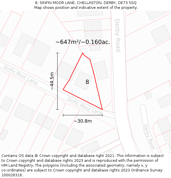 8, SINFIN MOOR LANE, CHELLASTON, DERBY, DE73 5SQ: Plot and title map