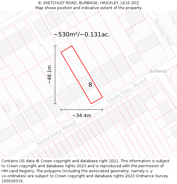 8, SKETCHLEY ROAD, BURBAGE, HINCKLEY, LE10 2DZ: Plot and title map
