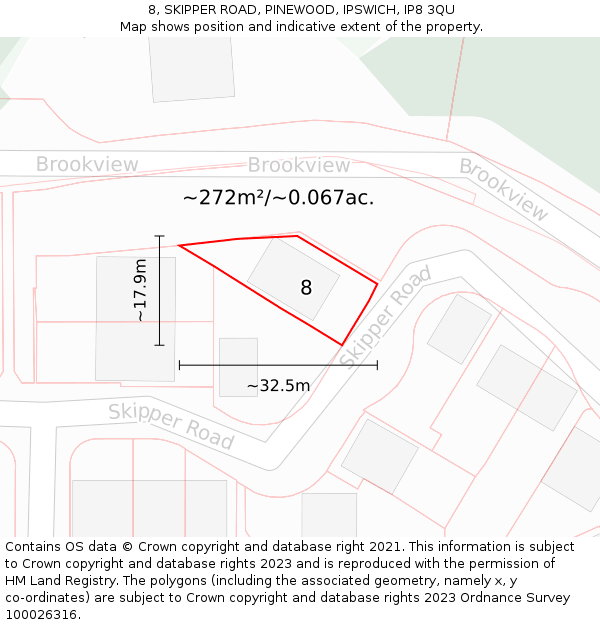 8, SKIPPER ROAD, PINEWOOD, IPSWICH, IP8 3QU: Plot and title map