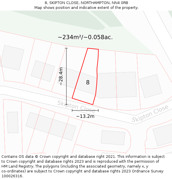 8, SKIPTON CLOSE, NORTHAMPTON, NN4 0RB: Plot and title map
