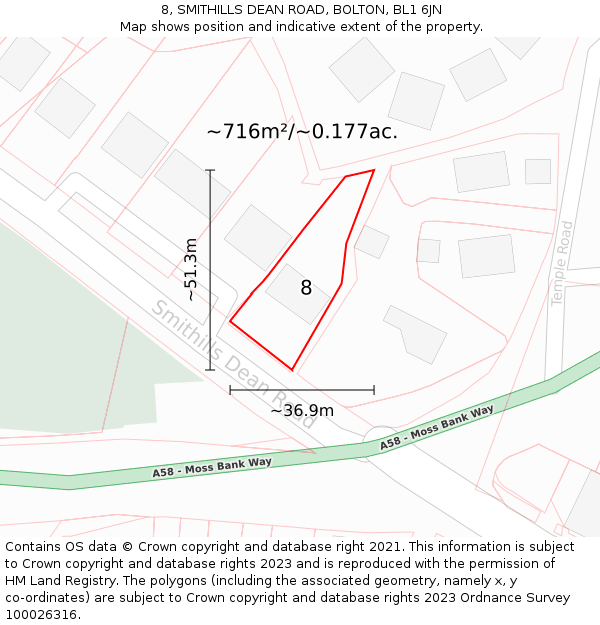 8, SMITHILLS DEAN ROAD, BOLTON, BL1 6JN: Plot and title map