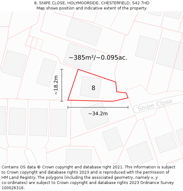 8, SNIPE CLOSE, HOLYMOORSIDE, CHESTERFIELD, S42 7HD: Plot and title map