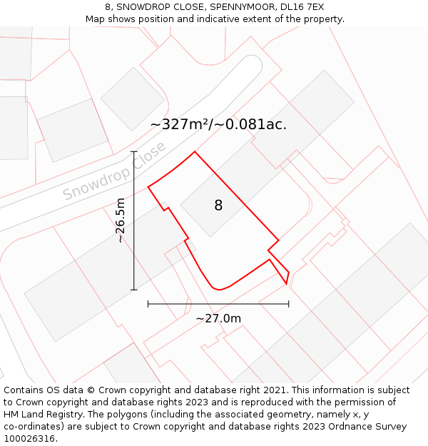 8, SNOWDROP CLOSE, SPENNYMOOR, DL16 7EX: Plot and title map