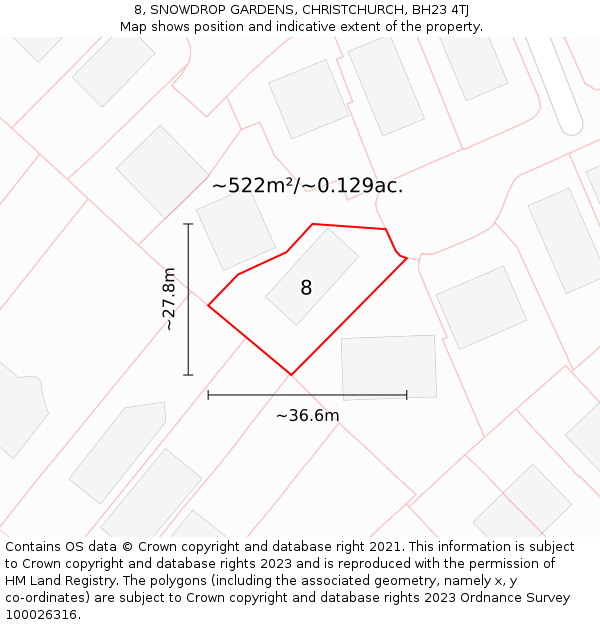 8, SNOWDROP GARDENS, CHRISTCHURCH, BH23 4TJ: Plot and title map