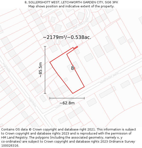8, SOLLERSHOTT WEST, LETCHWORTH GARDEN CITY, SG6 3PX: Plot and title map