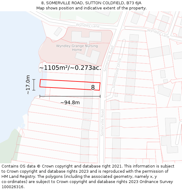 8, SOMERVILLE ROAD, SUTTON COLDFIELD, B73 6JA: Plot and title map