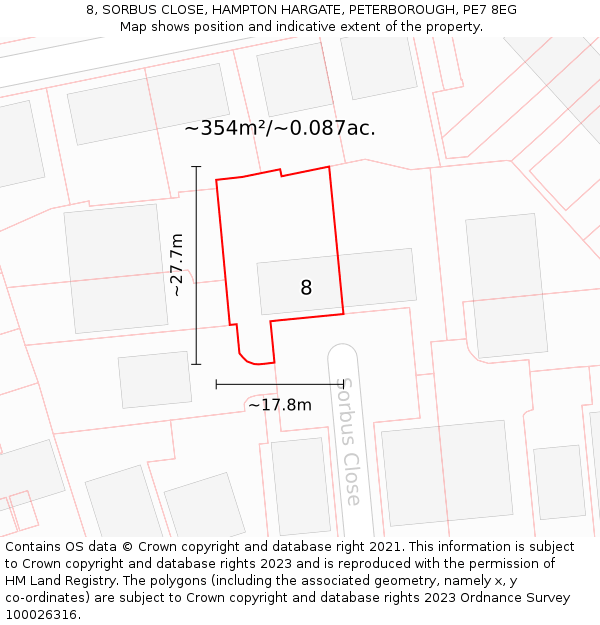8, SORBUS CLOSE, HAMPTON HARGATE, PETERBOROUGH, PE7 8EG: Plot and title map