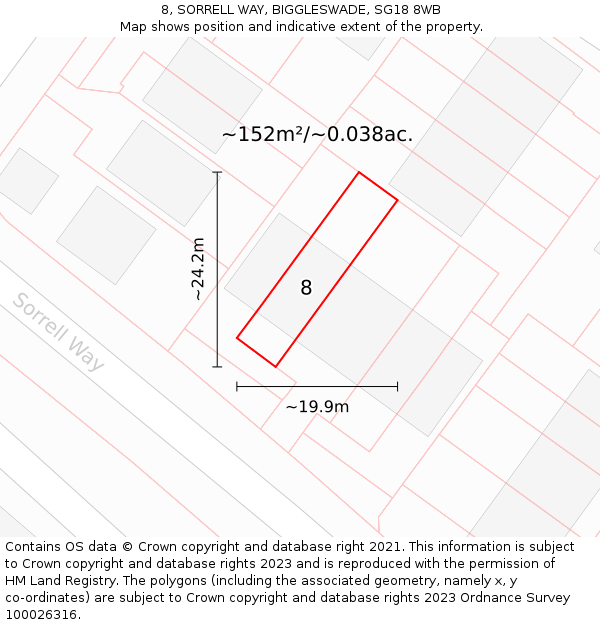 8, SORRELL WAY, BIGGLESWADE, SG18 8WB: Plot and title map